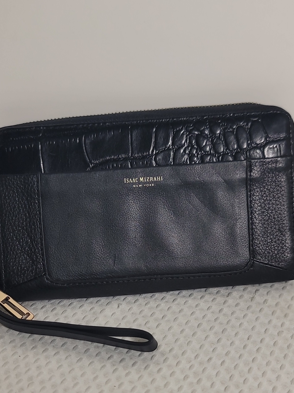 Isaac Mizrahi Black Leather Wristlet with Gold Logo Accent